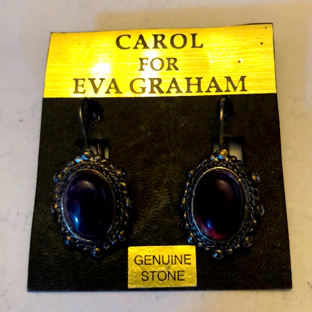 Carol for Eva Graham pierced earrings, antique polished silver, purple amethyst